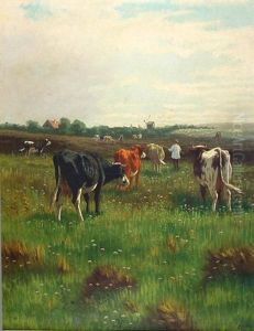 Viehhirte Mit Seiner Herde Auf Einer Wiese An Der Kuste by William Frederick Hulk