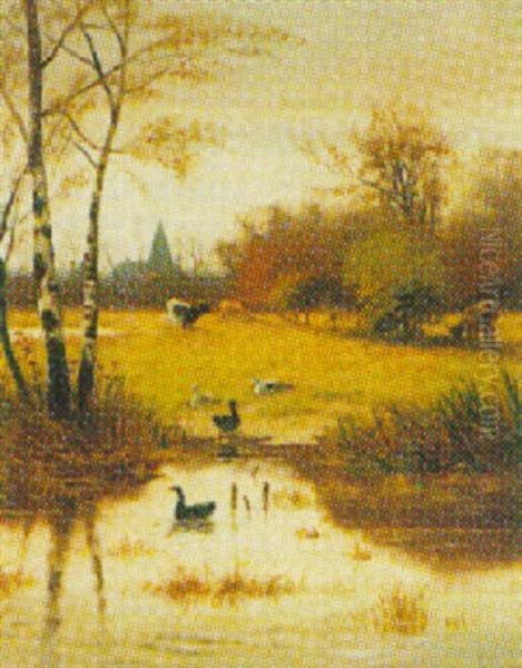 Country Landscape With Ducks By A Pond In The Foreground - view 1