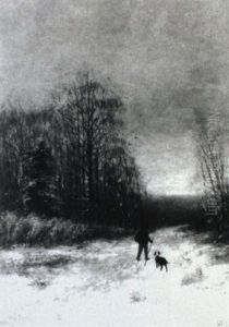 Man And His Dog On Snow Covered Lane by William Frederick Hulk
