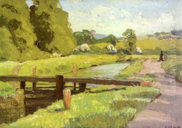 Figures Strolling Along Canal Path - view 1