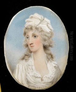 A Lady, Wearing White Dress, Her Curled And Powdered Hair Worn Long And Dressed With A White Turban And Strands Of Pearls