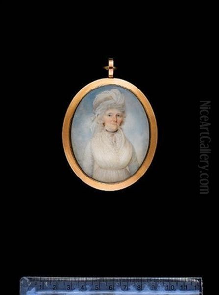 A Lady, Wearing White Dress With Lace Trim, Black Ribbon Choker, Gold Earrings, Her Powdered Hair Upswept And Dressed With A White Turban - view 1