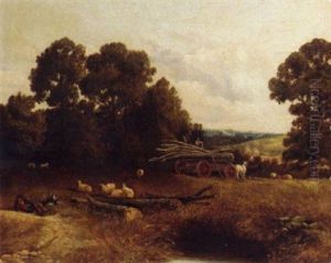 A Shepherd Resting With His Flock With Loggers Beyond