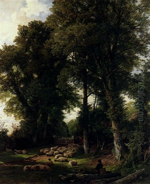 A Pastoral Landscape With A Shepherd And His Flock Resting In A Sunny Glade - view 1
