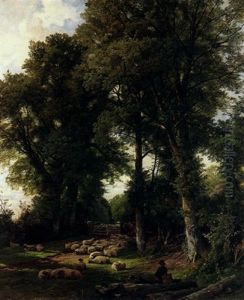 A Pastoral Landscape With A Shepherd And His Flock Resting In A Sunny Glade