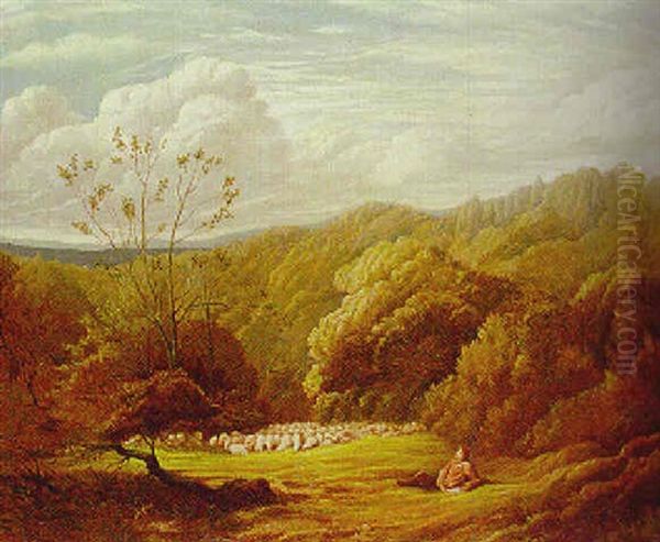 A Shepherd Resting In An Extensive Wooded Landscape - view 1