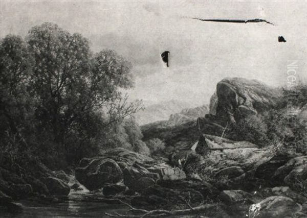 Figures In A Rocky Landscape By A Stream And Stone Cottages - view 1