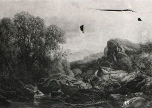 Figures In A Rocky Landscape By A Stream And Stone Cottages by Frederick William Hulme