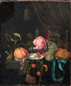 Stillleben Mit Orange, Trauben, Kirschen Und Geoffneten Austern, Einem Weinglas Auf Einem Drapierten Tisch
