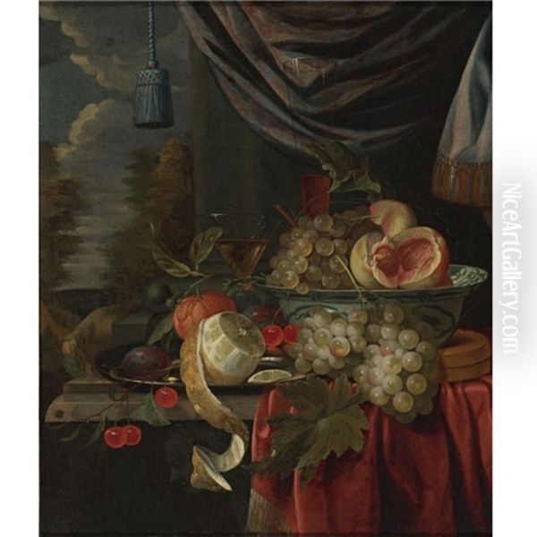 Still Life Of Grapes And Peaches In A Blue And White Porcelain Bowl, A Peeled Lemon, Plums And Cherries On A Pewter Plate, With Glasses And Other Fruit On A Draped Table, A Landscape Beyond - view 1