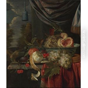 Still Life Of Grapes And Peaches In A Blue And White Porcelain Bowl, A Peeled Lemon, Plums And Cherries On A Pewter Plate, With Glasses And Other Fruit On A Draped Table, A Landscape Beyond