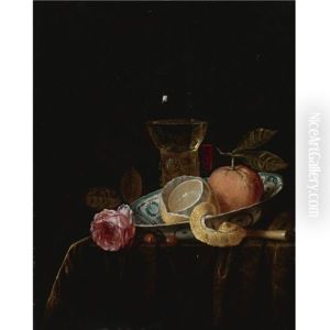 Still Life With A Peeled Lemon And An Orange In A Blue And White Porcelain Bowl, A Roemer, A Tall Wine Glass, A Rose And Other Objects On A Draped Table by Gillis Jacobz van Hulsdonck