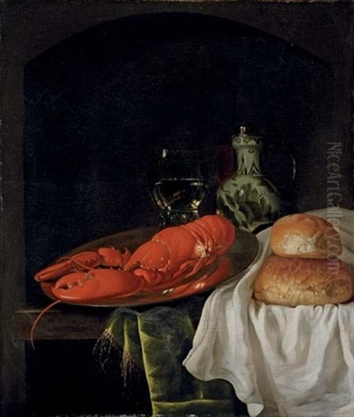 A Lobster On A Pewter Plate, A Roemer Of Wine, A Porcelain Jug And Two Bread Rolls On A White Cloth, On A Partly-draped Wooden Table In A Niche - view 1