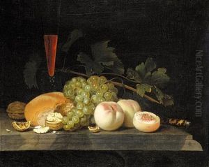 Still Life With Peaches, Grapes, Walnuts, Bread, A Half-filled Flute, Vine Leaves And A Knife Handle On A Stone Ledge