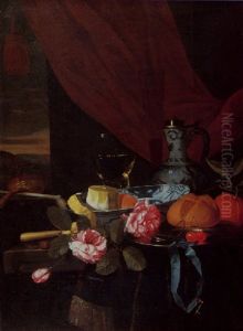 A Still Life Of A Peeled Lemon And An Orange In A Blue And White Bowl, Pink Roses, Cherries, A Bread Roll And A Blue Ribbon With A Key On A Silver Plate