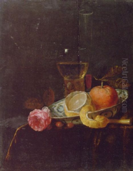 A Partly Peeled Lemon And An Orange In A Blue And White Wanli "kraak" Porselein Dish, A Roemer, A Wineglass And A Rose On A Draped Table - view 1
