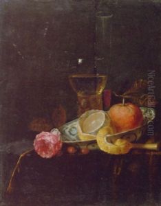 A Partly Peeled Lemon And An Orange In A Blue And White Wanli "kraak" Porselein Dish, A Roemer, A Wineglass And A Rose On A Draped Table by Gillis Jacobz van Hulsdonck