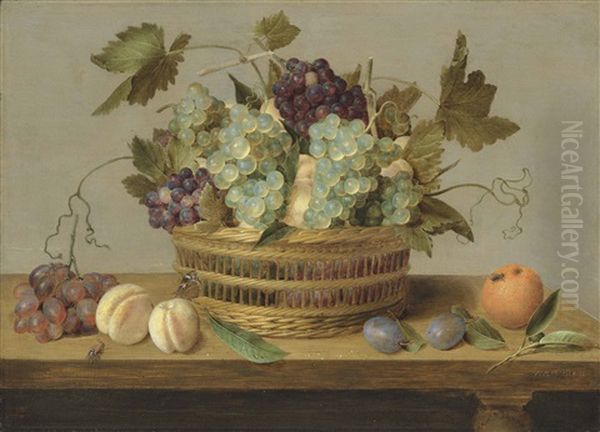Nectarines And Grapes In A Basket On A Table, With Plums, Oranges, A Butterfly And A Beetle - view 1
