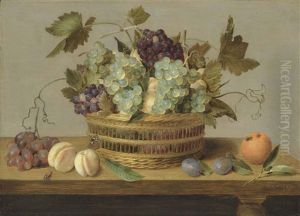 Nectarines And Grapes In A Basket On A Table, With Plums, Oranges, A Butterfly And A Beetle by Jacob van Hulsdonck