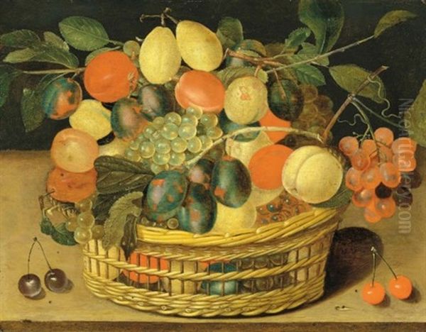 A Basket Of Grapes, Plums And Peaches On A Ledge - view 1
