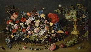 An Elaborate Basket Of Flowers And A Tazza With Grapes, On A Table Top