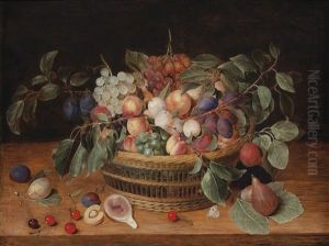 Nature Morte Aux Peches, Prunes Et Raisins Dans Une Corbeille Sur Un Entablement by Jacob van Hulsdonck