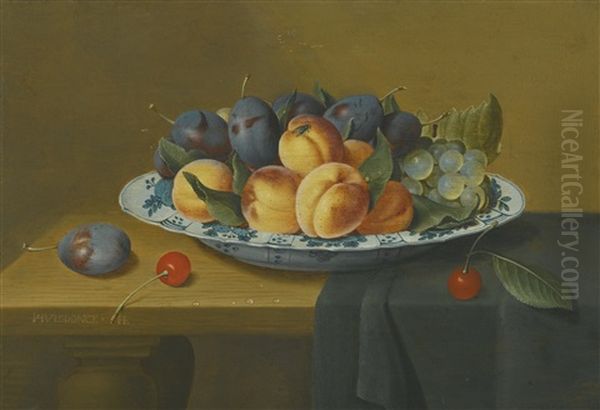 Still Life With Peaches, Plums And Grapes In A Wan-li Porcelain Dish, All Upon A Ledge Partially Draped With A Green Cloth - view 1