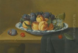 Still Life With Peaches, Plums And Grapes In A Wan-li Porcelain Dish, All Upon A Ledge Partially Draped With A Green Cloth by Jacob van Hulsdonck