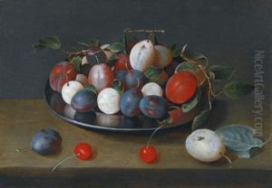 Still Life Of Plums On A Plate, With Cherries On The Ledge Beside Still Life Of Plums On A Plate, With Cherries On The Ledge Beside