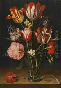 Still Life Of Tulips, Carnations, A Rose And Other Flowers In A Glass Beaker Resting On A Wooden Ledge<br /><br /> by Jacob van Hulsdonck