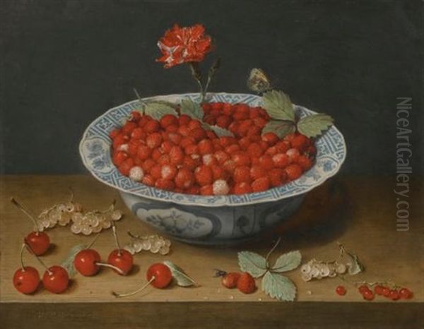 A Still Life With Wild Strawberries And A Carnation In A Ming Dynasty, Wanli Period), Blue And White Kraak-type Barbed-rim Bowl, With Cherries And Redcurrants On A Wooden Ledge - view 1