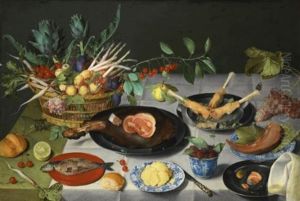 A Still Life With Artichokes, Radishes, Asparagus, Plums, Cherries And Peaches In A Basket by Jacob van Hulsdonck