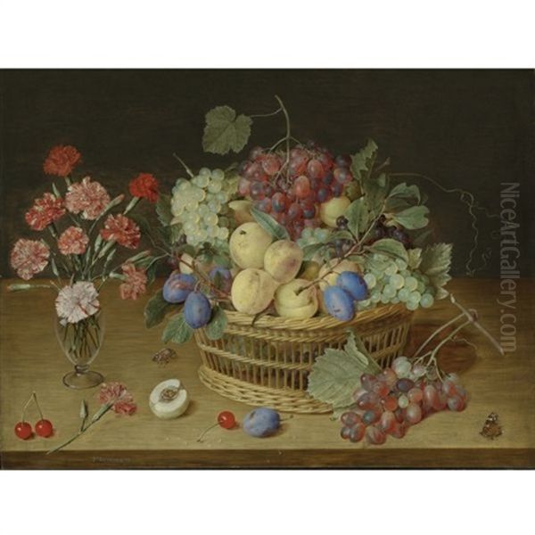 A Still Life With A Vase Of Carnations And A Basket Of Peaches, Plums, Black And White Grapes, And Cherries On A Wooden Table Top, With A Maybug, A Red Admiral Butterfly And A Bluebottle - view 1