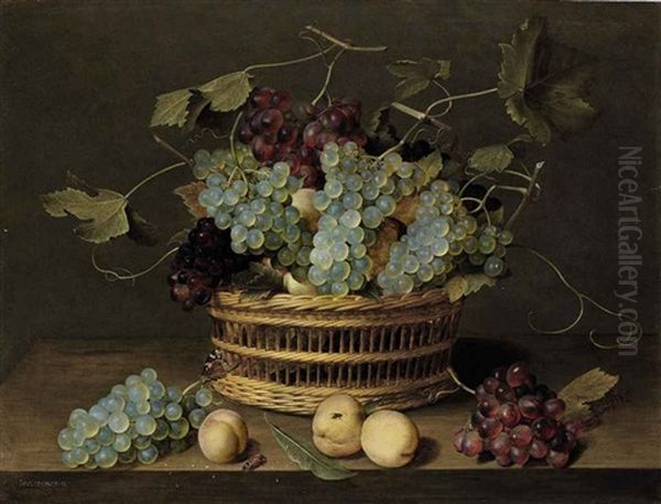 A Basket Of Grapes With Peaches, A Butterfly, A Fly And A Beetle On A Table - view 1