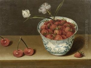 Stilleben Mit Erdbeeren In Delfter Schale, Kirschen Und Einem Schmetterling by Jacob van Hulsdonck