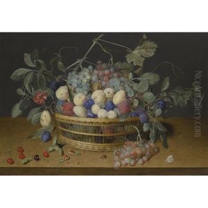 Still Life With Plums, Grapes And Peaches In A Wicker Basket, With Cherries, Hazelnuts, A Beetle And A Butterfly On The Wooden Tabletop Beneath by Jacob van Hulsdonck