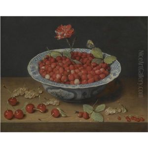 A Still Life Of Wild Strawberries And A Carnation In A Ming Bowl, With Cherries And Redcurrants On A Wooden Ledge