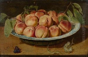 Stilleben Mit Pfirsichen In Einer Blau-weissen Porzellanschale Auf Einem Tisch by Jacob van Hulsdonck