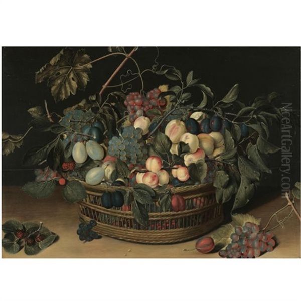 Still Life With Peaches, Apricots, Plums, Greengages And Grapes In A Wicker Basket On A Wooden Tabletop - view 1