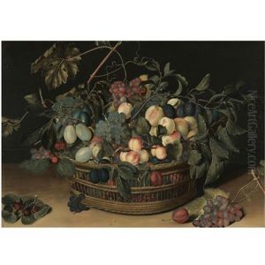 Still Life With Peaches, Apricots, Plums, Greengages And Grapes In A Wicker Basket On A Wooden Tabletop by Jacob van Hulsdonck