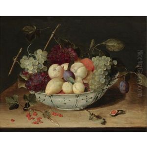 Still Life With Grapes, Peaches, Plums And Other Fruit In A Blue And White Porcelain Bowl, Redcurrants And Hazelnuts Scattered On The Wooden Ledge Below by Jacob van Hulsdonck
