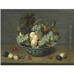 Still Life With Peaches And White And Red Grapes In A Chinese Wan-li Porcelain Bowl On A Ledge With Plums, Cherries And Apricots by Jacob van Hulsdonck