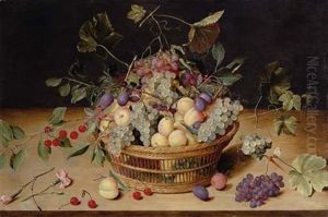 Plums, Grapes, Peaches And Cherries In A Basket And Strewn On A Ledge With Carnations And A Butterfly