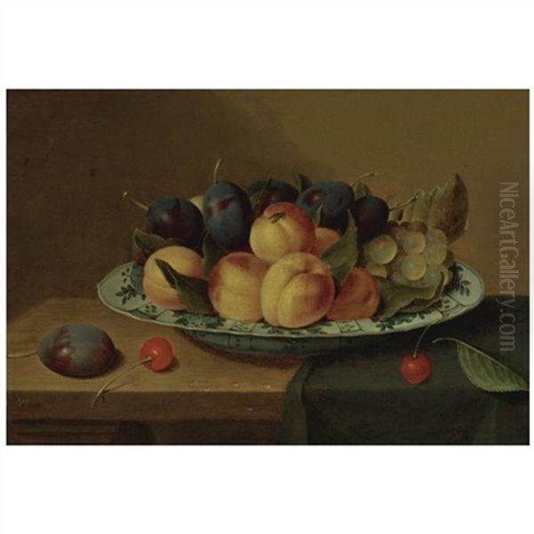 A Still Life Of Apricots And Plums In A Wan-li Porcelain Bowl Together With Cherries, All On A Table-top Partly Draped With A Green Cloth - view 1