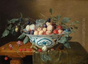 Still Life Of Apricots, Plums, Red And White Grapes In A Wan Li Kraak Porcelain Bowl, With Cherries, Hazelnuts, Carnations And Plums Strewn Upon A Wooden Table-top, Partly Covered With A Green Cloth by Jacob van Hulsdonck