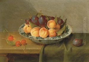 Peaches And Plums In A Blue And White Porcelain Bowl With Cherries On A Partly-draped Table by Jacob van Hulsdonck