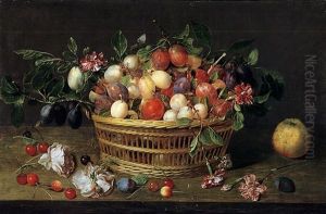 Nature Morte De Prunes, Quetsches Et Abricots Dans Un Panier D'osier Pose Sur Un Entablement Pres De Cerises, Roses Et Oeillets by Jacob van Hulsdonck