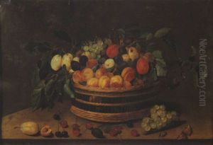 Nature Morte Au Panier D'abricots, Prunes Et Raisins Sur Un Entablement