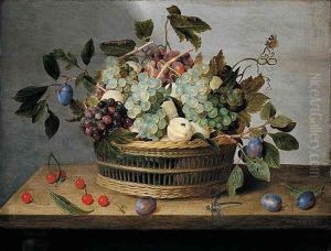 A Still Life Of Grapes, Plums And Peaches In A Basket Resting On A Wooden Ledge And Flanked By Plums And Cherries by Jacob van Hulsdonck