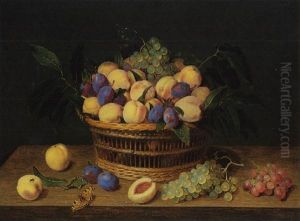 A Still Life Of Plums, Peaches And Grapes In A Basket On A Table With A Tortoise Shell Butterfly